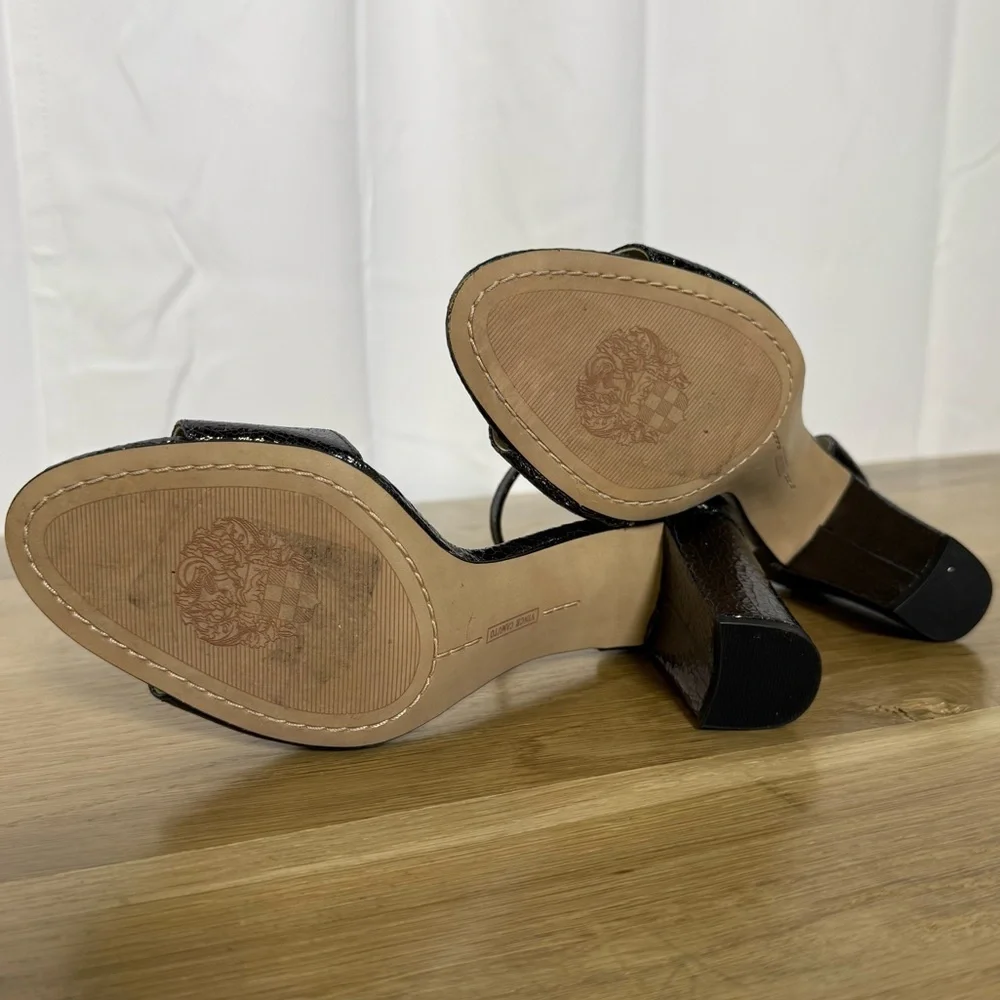 Vince Camuto Patent leather Black Textured Ankle Strap Block Heel Sandals Size 9
